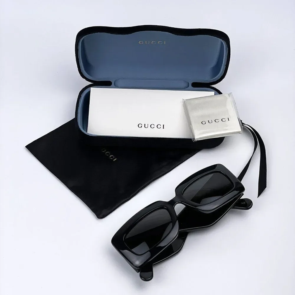 NEW Gucci GG0811S 001 Black Logo Gray Rectangle Anti-Reflective Unisex Sunglasse